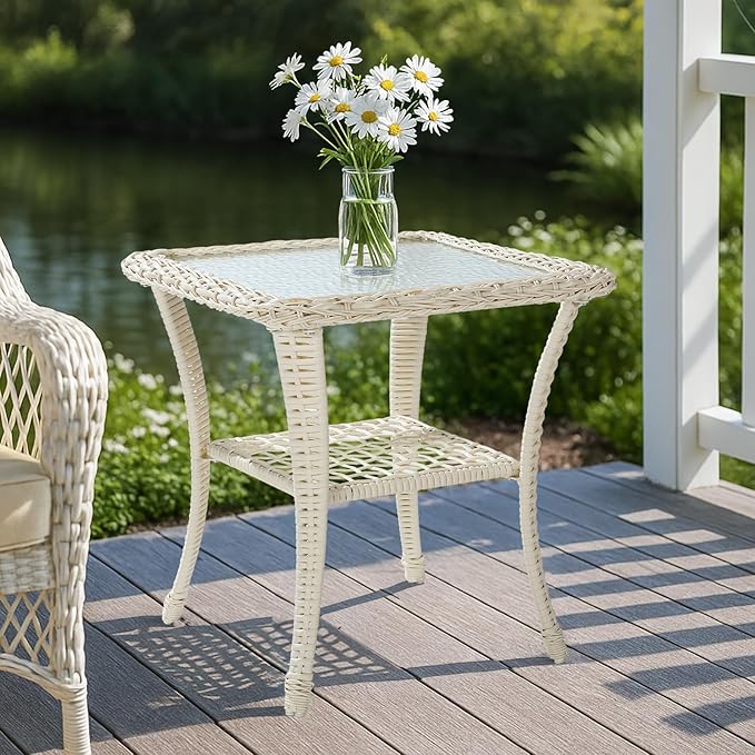 MEETWARM Wicker Outdoor Side Table, All-Weather Patio Rattan Side Table with Tempered Glass Top and Storage Shelf, Small Patio End Table for Outside Indoor Outdoor Balcony Porch Deck, Cream White
