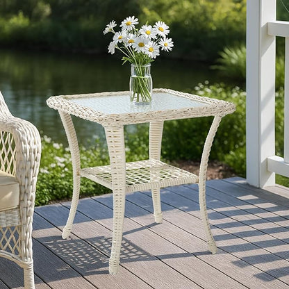 MEETWARM Wicker Outdoor Side Table, All-Weather Patio Rattan Side Table with Tempered Glass Top and Storage Shelf, Small Patio End Table for Outside Indoor Outdoor Balcony Porch Deck, Cream White