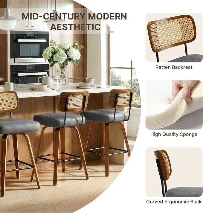 Swivel Bar Stools Set of 4, 26" Upholstered Counter Height Bar Stools with Rattan Back and Bent Walnut Wood Legs, Faux Leather Modern Barstools for Kitchen Island,Rattan Gray