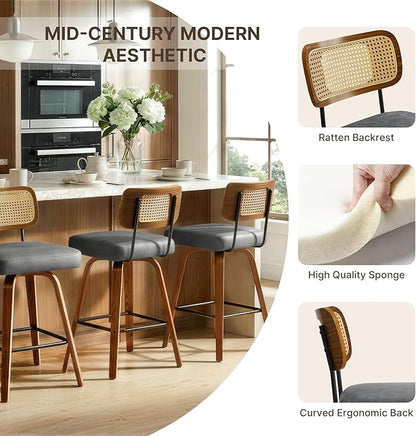 Swivel Bar Stools Set of 4, 26" Upholstered Counter Height Bar Stools with Rattan Back and Bent Walnut Wood Legs, Faux Leather Modern Barstools for Kitchen Island,Rattan Gray