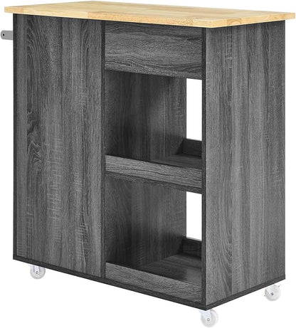 Modway Culinary Rolling Kitchen Cart with Storage in Charcoal Natural - 3 Tiers Kitchen Island on Wheels with Towel Bar, Functional as a Coffee Station, Bar Cabinet or Butcher Block Island