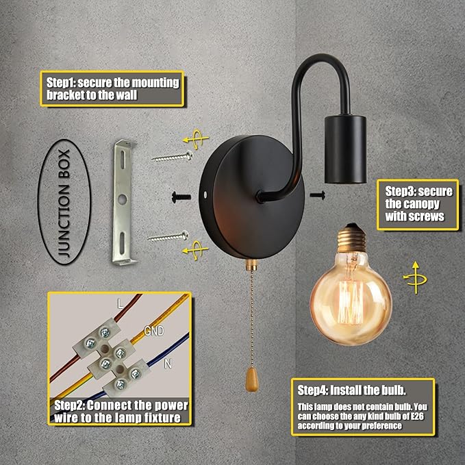 Vintage Pull Chain Wall Lights Set of Two, with Switch Black Wall Sconce E26 Industrial Wall Lamp Retro Wall Lighting Hard Wired Sconces Lighting for Mirror Bedroom Living Room Hallway