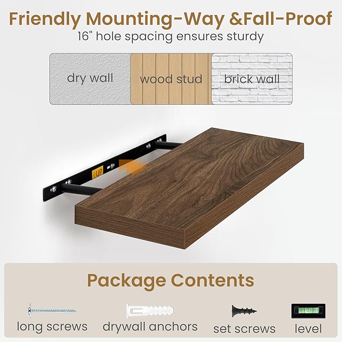 55"W x 9.3"D Floating Shelves for Wall, Wall Mounted Bathroom Shelves 2 Pack Deep Floating Shelf for Bedroom Kitchen Living Room, Rustic Wooden Wall Shelf with Invisible Bracket for Books Decor