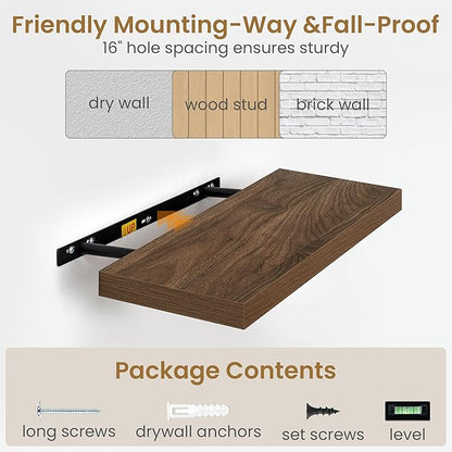 Fun Memories 48 Inch Floating Shelves, 9.3 Inch Deep Wall Shelves for Bathroom, Living Room, Bedroom, Kitchen, Deep Long Shelf Wall Mounted 2 Pack Shelf for Books, Decor, Walnut