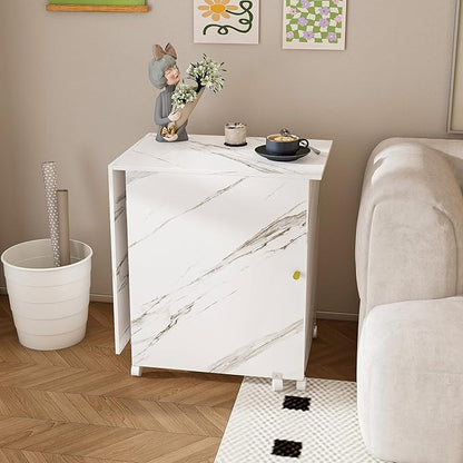 White Folding Dining Table with Wheels, 4-in-1 Versatile Table with Storage Rack and Cabine,Marble Color Kitchen Island, Side Table and Coffee Table Table,Space Saving