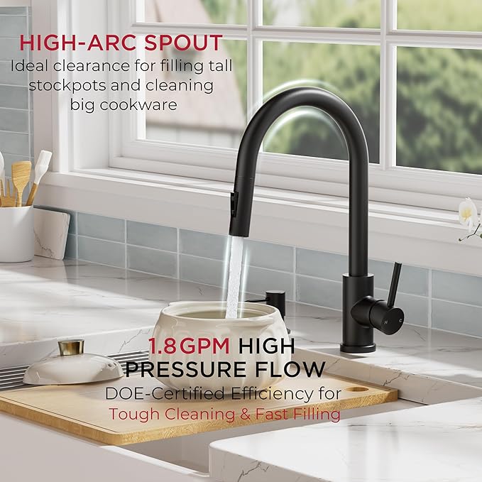 FORIOUS Black Kitchen Faucet with Pull Down Sprayer, Modern Single Hole Kitchen Sink Faucet with Soap Dispenser, Deck Plate, Single Handle, High Arc Stainless Steel for RV Farmhouse Laundry Outdoor