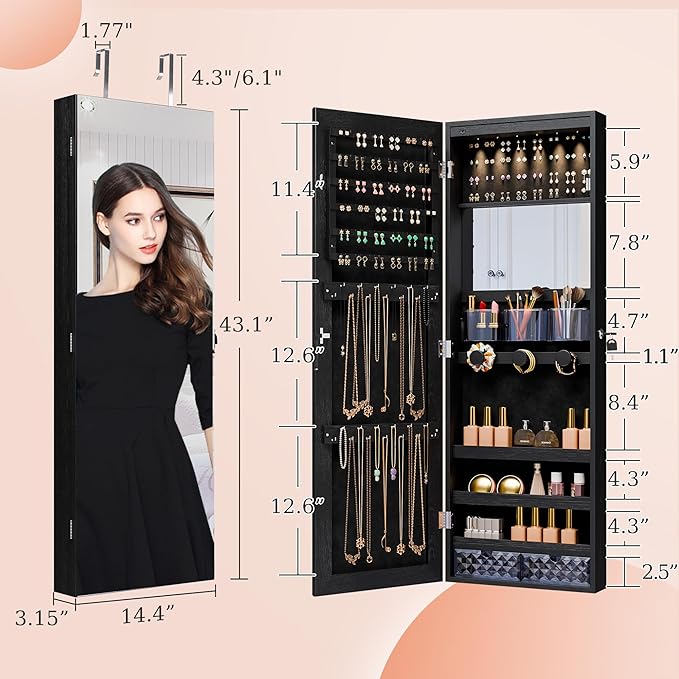 Unisakey Mirror Jewelry Cabinet,Lockable Wall or Door Mounted Jewelry Armoire Organizer With Built-up Mirror,LED Lights, Drawers,Cosmetic Trays,Shelves, 14.4"x3.15"x 43.1"（Black）