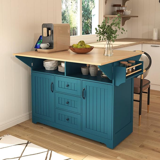 Modern Large Kitchen Island with 2 Drop Leaf, Rolling Cart on 5 Wheels with Power Outlet, Folding Storage Dining Table with Spice & Towel Rack, 3 Drawers, for Dining Room (Green@017)