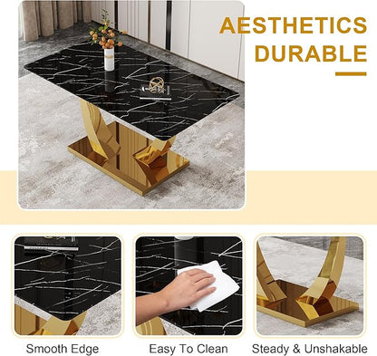 AZmac 63'' Black Dining Room Table for 4-6, Faux Marble Dining Table with Gold Base, Rectangle Kitchen Table with Tempered Glass Top for Kitchen Dining Room