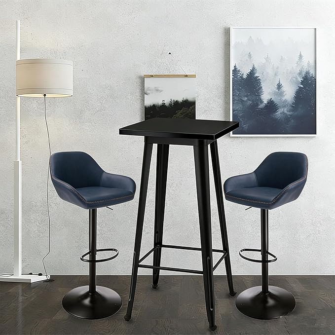 Glitzhome Bar Table and Chairs Set, Square Black Steel Pub Table with Soild Elm Wood Top and Bar Height Adjustable Swivel PU Leather Bar Stool for Breakfast Nook Living Room Small Space Restaurant