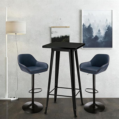 Glitzhome Bar Table and Chairs Set, Square Black Steel Pub Table with Soild Elm Wood Top and Bar Height Adjustable Swivel PU Leather Bar Stool for Breakfast Nook Living Room Small Space Restaurant