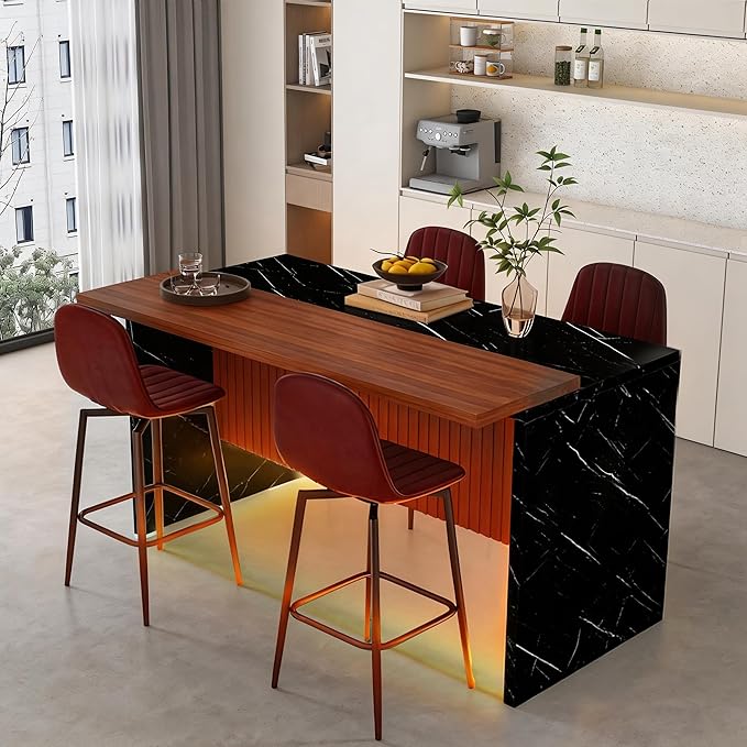 63 Inches Modern Kitchen Island Set with 4 Bar Stools, Black Marble Look Surface Dining Table with Led Lighting Grill Design, Large Breakfast Bar for Open Concept Spaces, Walnut Black (Walnut +