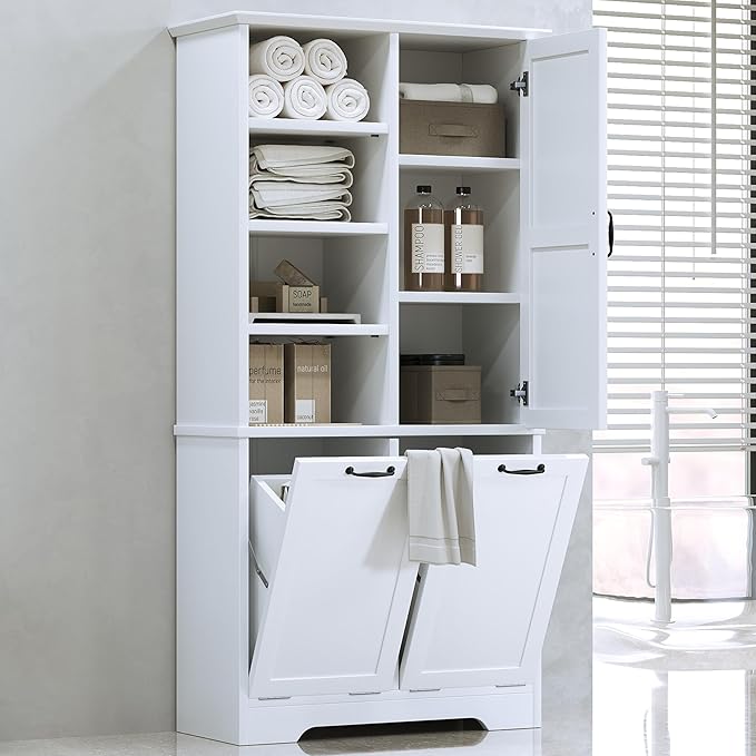 68" Tall Bathroom Storage Cabinet with One Door and Two Laundry Hampers for Home Display Organizer, Adjustable Shelf, White