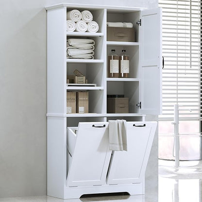 68" Tall Bathroom Storage Cabinet with One Door and Two Laundry Hampers for Home Display Organizer, Adjustable Shelf, White