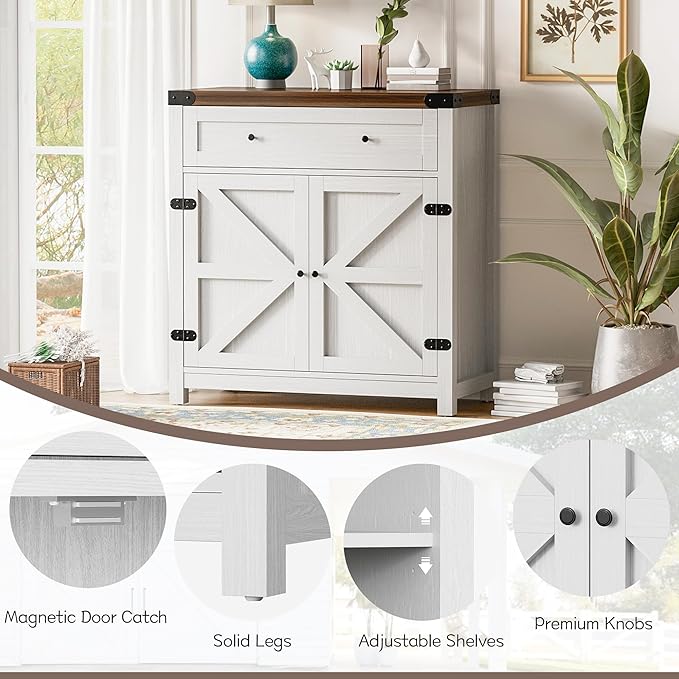 Flamaker Sideboard Buffet Cabinet with Storage, Farmhouse Coffee Bar Cabinet with 1 Drawer and 2 Barn Doors, Barn Door Console Table, Storage Cabinet for Kitchen, Dining Room, Entryway (White)