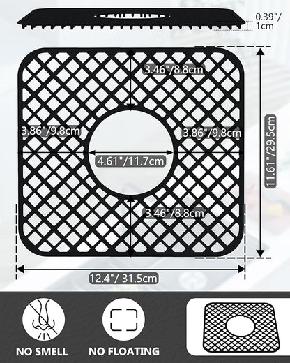 2 Pack Silicone Sink Protector for Kitchen Sink, Trellis Pattern 12 x 11" Sink Grid Mat Silicone Protectors, Center Drain, Black