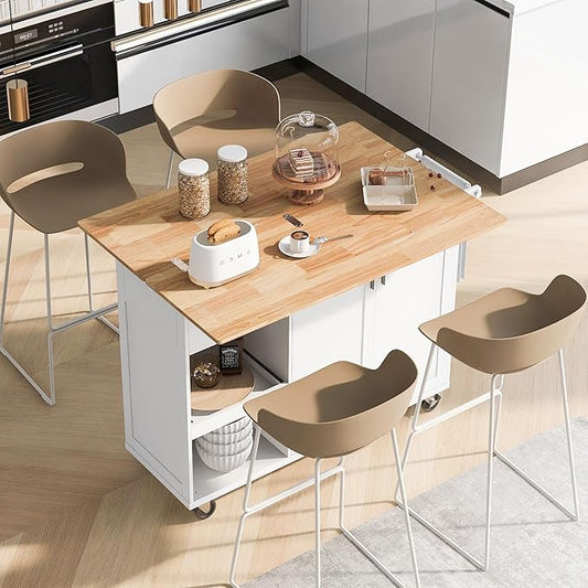 Rolling Kitchen Island Cart with Foldable Counter Top,Slide-Out Shelf and Lockable Wheels,Towel Rack and Drawer,for Kitchen Living Room Dining Room (White@y)