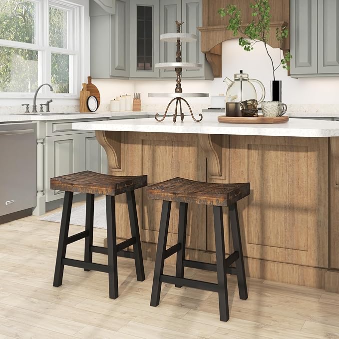 ERGOMASTER Wooden Backless Saddle Barstools Set of 2, 24-inch Counter Height Rustic Bar Stools with Rubber Wood Frame & Footrest for Kitchen Island, Dining Room, Pub