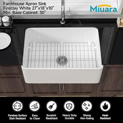 Miuara Farmhouse Sink 27 Inch - Small Apron Front Undermount Kitchen Sink Reversible 27"x18"x10", Farm House Style Single Bowl, Heavy Duty Solid Fireclay, White, for Kitchen & Laundry & Small Space