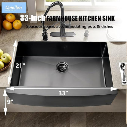 Comllen Commercial 33 inch 304 Stainless Steel Farmhouse Sink, Single Bowl Kitchen Sinks 16 Gauge 9 Inch Deep Handmade Undermount Farm Apron Front Kitchen Sink, Gunmetal Black