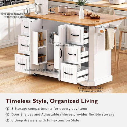 Ball & Cast 56" Large Modern Kitchen Island with Rubber Wood Veneer Drop Leaf, Power Outlet, 6 Drawers, 4 Door Shelves, White