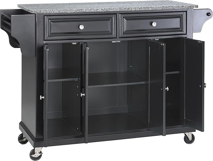 Crosley Furniture Full Size Granite Top Rolling Kitchen Island Storage Cart, Microwave Stand, Spice Rack, Black
