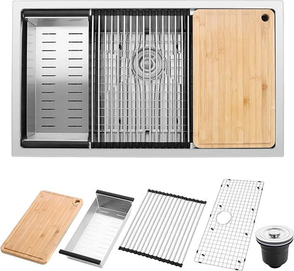 Herogo Kitchen Sink, 33 x 19 Inch Large Farmhouse Undermount Kitchen Sink, 18/10 Stainless Steel R10 Corner 10 Inch Deep Workstation Single Bowl with Accessories