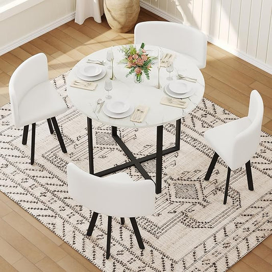 Round Dining Table Set for 4, Round Dining Room Table Set for 4 with Metal Leg and 4 Chair, Small Dining Table Set for 4, Kitchen Island with Seating for Small Spaces