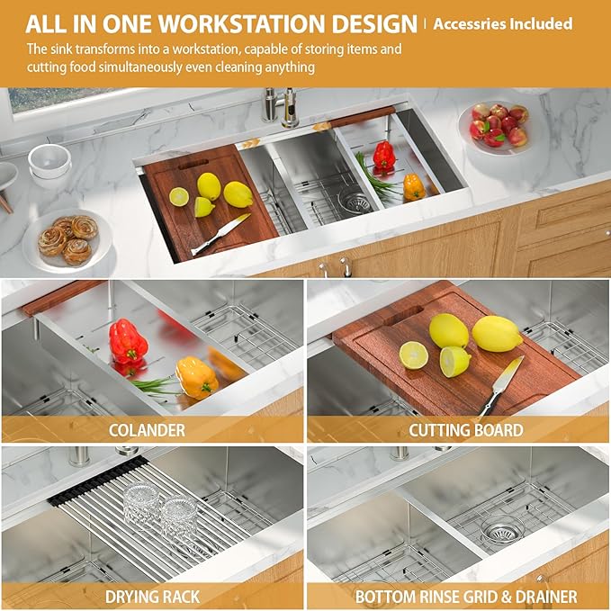 Mocoloo 36 Inch Undermount Double Bowl Kitchen Sink - 36 x 19 Workstation 16 Gauge Stainless Steel Low Divide 50/50 Bowl Handmade with 2 Basins