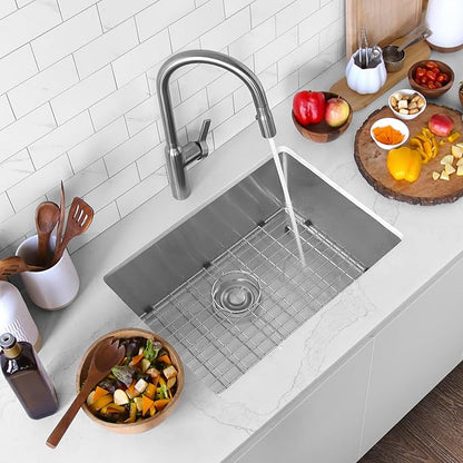 Stylish Undermount Kitchen Sink 25 x 18 Inch 16G Stainless Steel Sink 10mm Radius Corners Single Bowl Kitchen Sinks with Bottom Grid and Luxury Basket Strainer, S-312XG