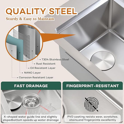 Rhbamoa Double Bowl Drop In Kitchen Sink 31 Inch,16-Gauge T304 Stainless Steel Topmount Kitchen Sink,50/50 Double Bowl Kitchen Sinks,10 Inch Deep Sinks with All Accessories, Brushed Finish