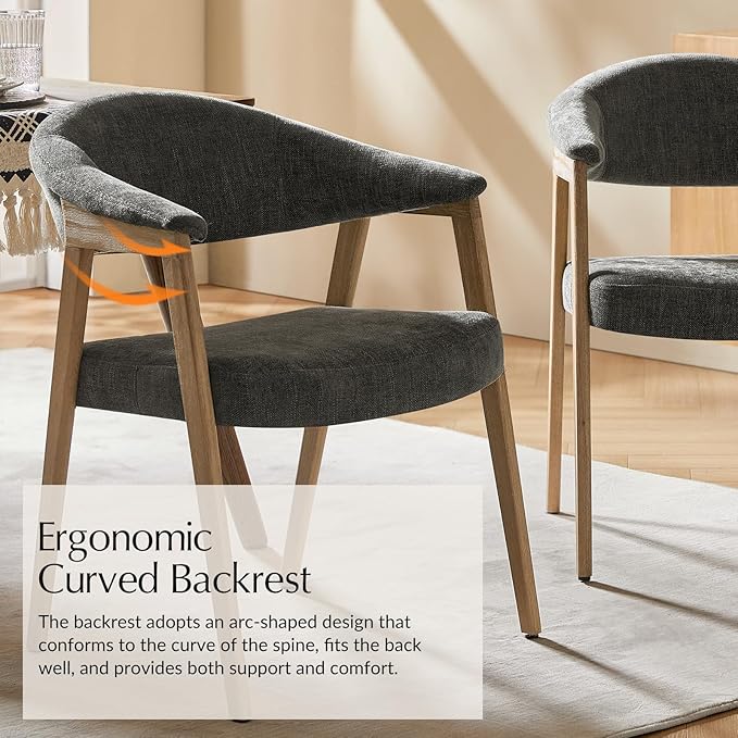 HULALA HOME Dining Chairs Set of 6, Mid-Century Modern Upholstered Dining Room Chair with Armrest, Curved Backtrst & Solid Wood Legs, Kitchen Side Chairs for Resurant, Living Room - Dark Gray