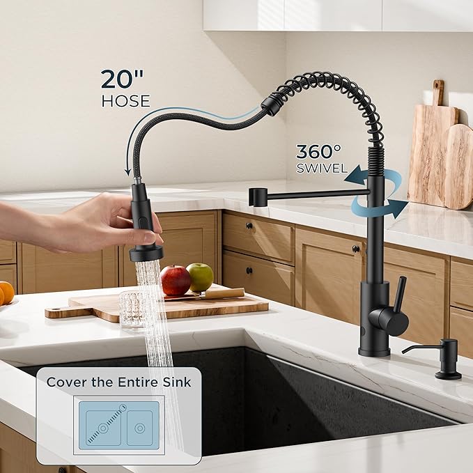 FORIOUS Black Touchless Kitchen Faucet with Soap Dispenser, Motion Sensor Activated Smart Sink Faucet with Pull Down Sprayer Single Handle Hands Free Contemporary for Bar & Prep Sinks, Camper RV