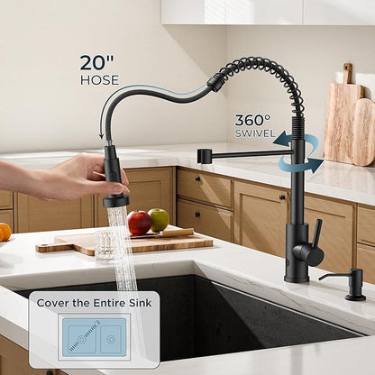 FORIOUS Black Touchless Kitchen Faucet with Soap Dispenser, Motion Sensor Activated Smart Sink Faucet with Pull Down Sprayer Single Handle Hands Free Contemporary for Bar & Prep Sinks, Camper RV