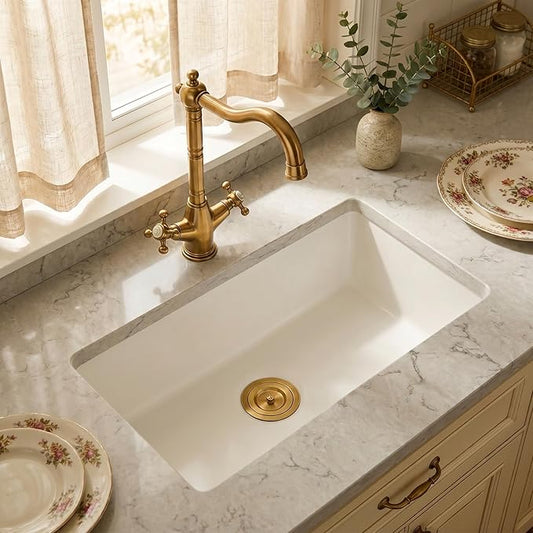 MILOSEN White Undermount Kitchen Sink, 30"x18" Granite Composite Single Bowl Kitchen Sinks, 9" Deep Large Undermount/Drop In Sink with Gold Accessories, White Quartz Kitchen Sinks for Modern Kitchen