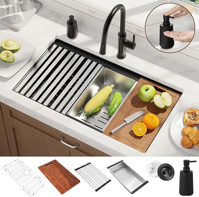 32x19 Inch Undermount Kitchen Sink Luxury Nano-coating Single Bowl Black Kitchen Sinks 16 Gauge Stainless Steel Soundproof Kitchen Workstation with 6 Accessories (Black)