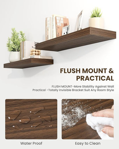 Marsmiles 48" Floating Shelves for Wall, Wooden Shelves with Invisible Brackets Set of 2, Rustic Farmhouse Wall Mounted Shelf for Kitchen Bathroom Living Room Study, Walnut
