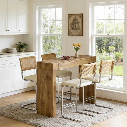Counter Height Dining Set with Rattan Back Stools,Bar Table with 2 Drawers,Upholstered Kitchen Island Chairs,Chrome Cantilever Frame,Modern Furniture for Dining Room (Wood Table,4 White Chairs)