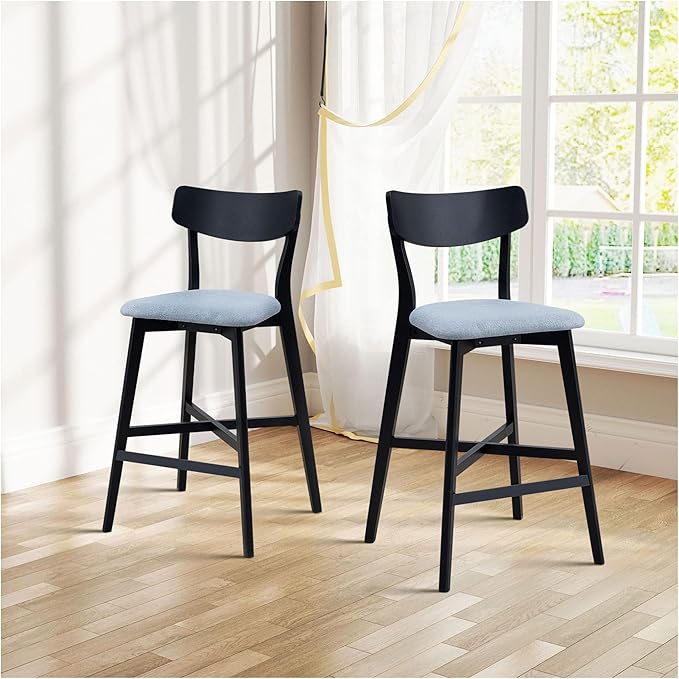 Bar Chairs Set of 2, Counter Height Stools - Modern Upholstered Kitchen Island Chairs with Backrest & Footrest - Black Wood Frame