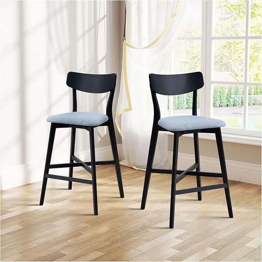Bar Chairs Set of 2, Counter Height Stools - Modern Upholstered Kitchen Island Chairs with Backrest & Footrest - Black Wood Frame