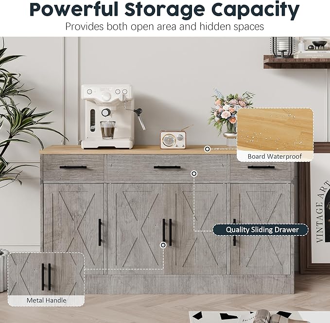 SUNLEI Kitchen Buffet Sideboard Cabinet, Wooden Storage with 4 Doors and 3 Drawers, Adjustable Shelf, Modern Farmhouse Coffee Bar Cabinet with Storage for Kitchen/Laundry/Living Room, Grey