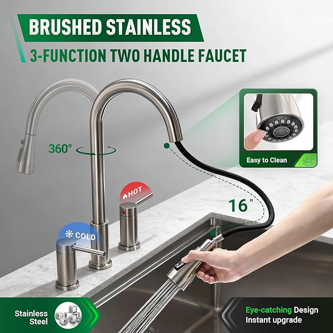 2 Handle Kitchen Faucet with Pull Down Sprayer, 3 Hole Kitchen Sink Faucet with Separate Hot and Cold Handle,3 Mode Spray High Arc Brushed Nickel Kitchen Faucets