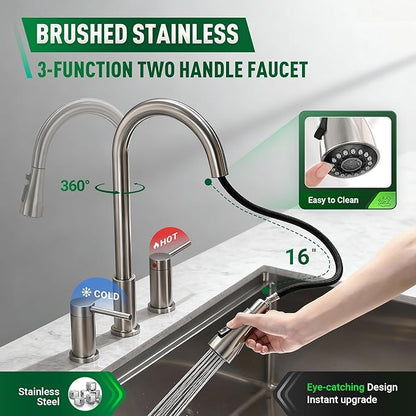 2 Handle Kitchen Faucet with Pull Down Sprayer, 3 Hole Kitchen Sink Faucet with Separate Hot and Cold Handle,3 Mode Spray High Arc Brushed Nickel Kitchen Faucets