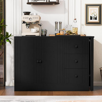 Virubi Kitchen Island with Extendable Table,3 Drawers and Storage Cabinet, Wood Sideboard Buffet Cabinet with Storage, for Living Room, Kitchen,Dining Room (Black)