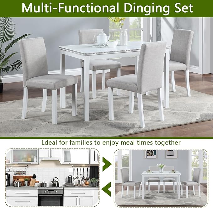 5 Piece Dining Table Set for 4, Rectangular Wooden Kitchen Table with 4 Upholstered Chairs, Elegant White Dining Room Set with Crystal Decoration