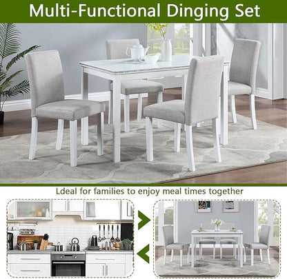 5 Piece Dining Table Set for 4, Rectangular Wooden Kitchen Table with 4 Upholstered Chairs, Elegant White Dining Room Set with Crystal Decoration