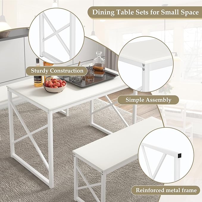 VECELO Kitchen Table with 2 Benches for 4, 43.3'' Wood Dining Room Dinette Sets with Metal Frame for Breakfast Nook and Small Space, White