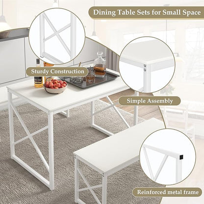 VECELO Kitchen Table with 2 Benches for 4, 43.3'' Wood Dining Room Dinette Sets with Metal Frame for Breakfast Nook and Small Space, White