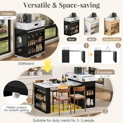 Convertible Dining Table with Outlet, Rolling Kitchen Island with Foldable Top, Multi-Functional Sideboard with Adjustable Shelves & Drawers, Compact Buffet Server for Small Spaces, Easy Assembly