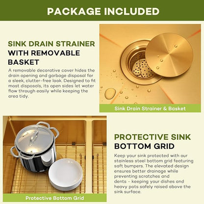 LQS 31 Inch Gold Kitchen Sink, 31x18 Undermount Kitchen Sink, 16 Gauge Stainless Steel Double Bowl, R10 Round Corner for Easy Cleaning, Sleek Style Fit for Any Kitchen Countertop